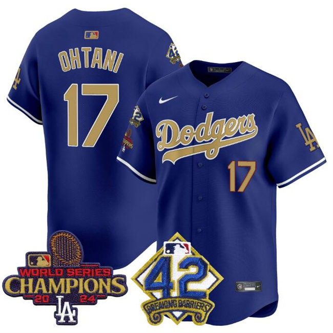 Men's Los Angeles Dodgers #17 Shohei Ohtani Royal/Gold 2024 World Series Champions & #42 Jackie Robinson Patch Vapor Limited Stitched Baseball Jersey Men's Los Angeles Dodgers #17 Shohei Ohtani Royal/Gold 2024 World Series Champions & #42 Jackie Robinson Patch Vapor Limited Stitched Baseball Jersey